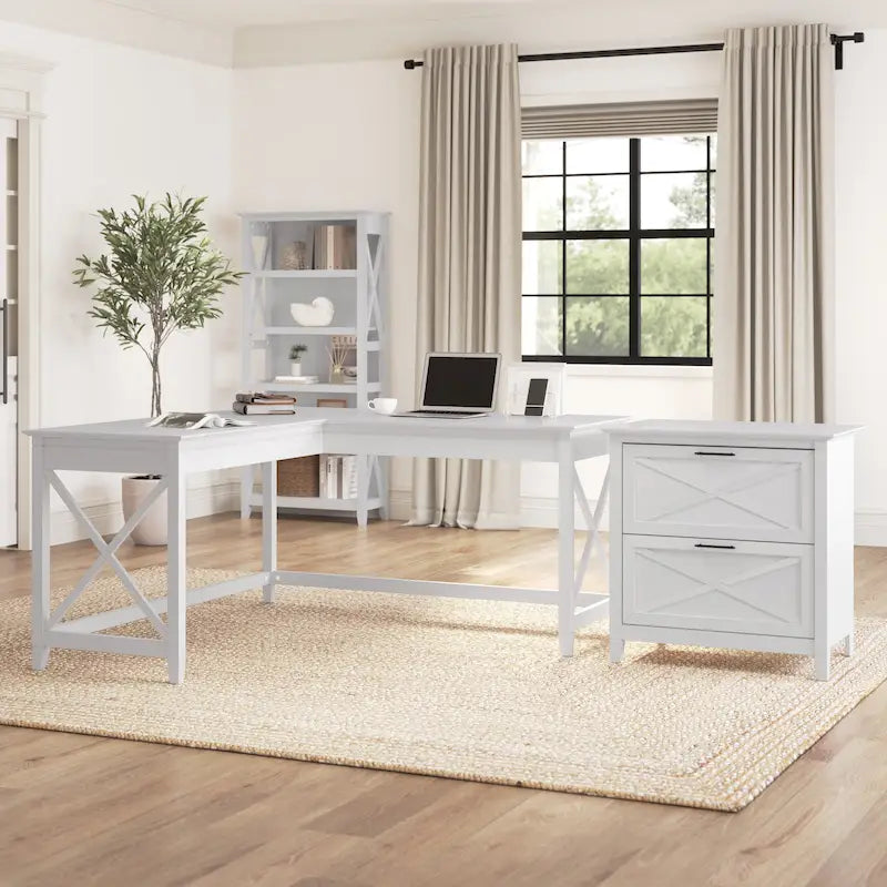60W L-Shaped Desk with 2-Drawer File Cabinet
