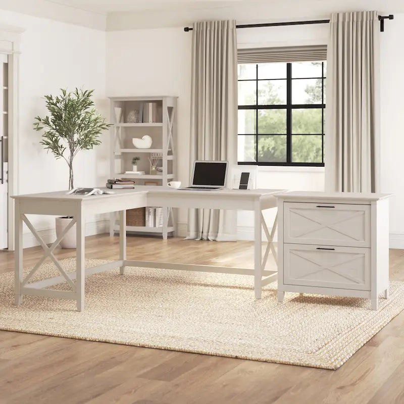 60W L-Shaped Desk with 2-Drawer File Cabinet