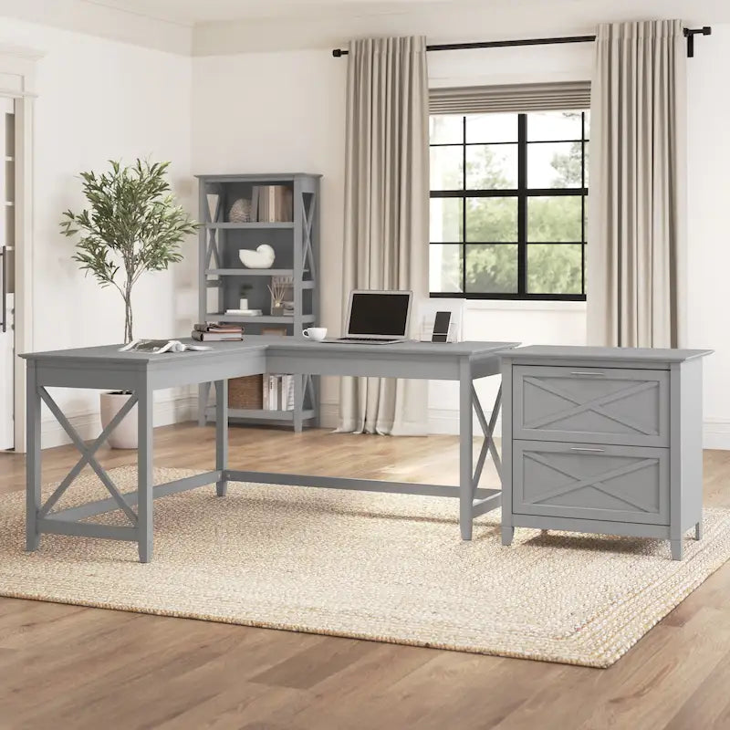 60W L-Shaped Desk with 2-Drawer File Cabinet