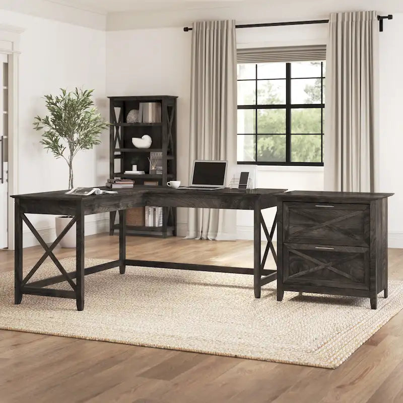 60W L-Shaped Desk with 2-Drawer File Cabinet