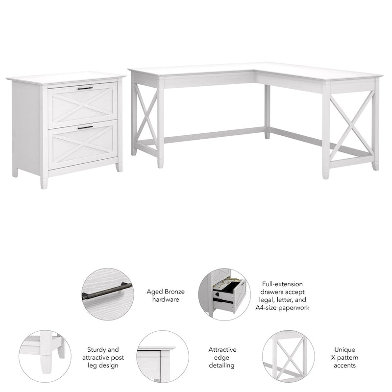 60W L-Shaped Desk with 2-Drawer File Cabinet