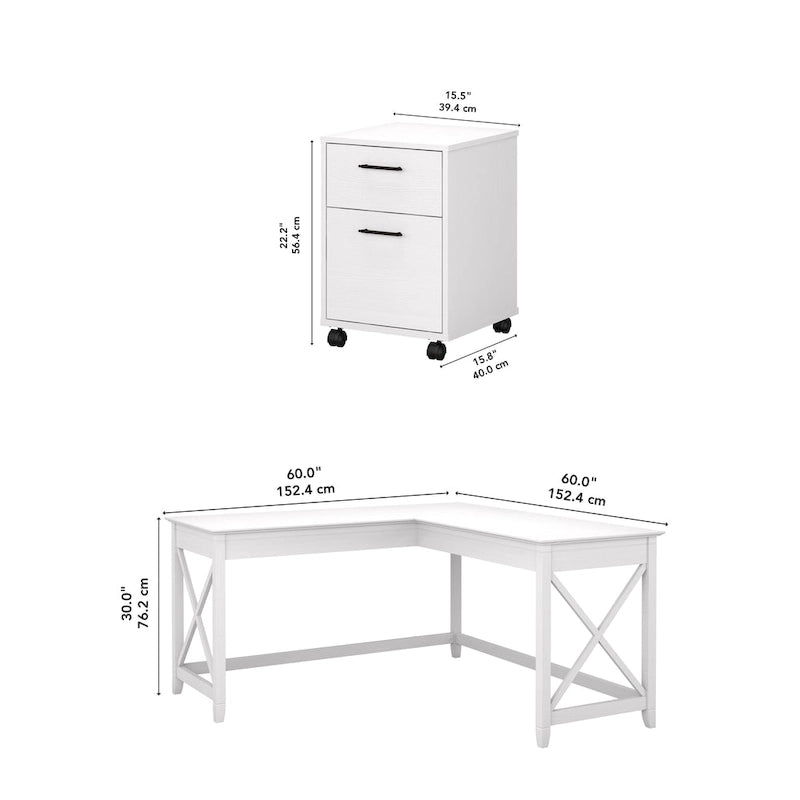 60W L-Shaped Desk with 2-Drawer File Cabinet