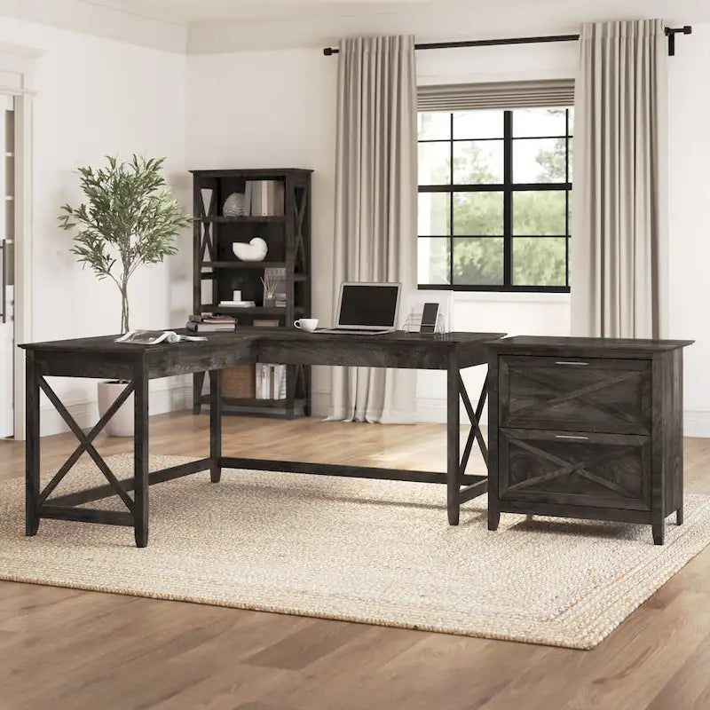 60W L-Shaped Desk with 2-Drawer File Cabinet