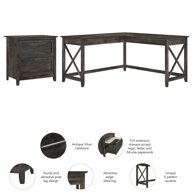60W L-Shaped Desk with 2-Drawer File Cabinet