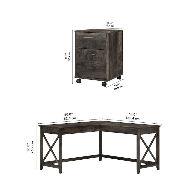 60W L-Shaped Desk with 2-Drawer File Cabinet