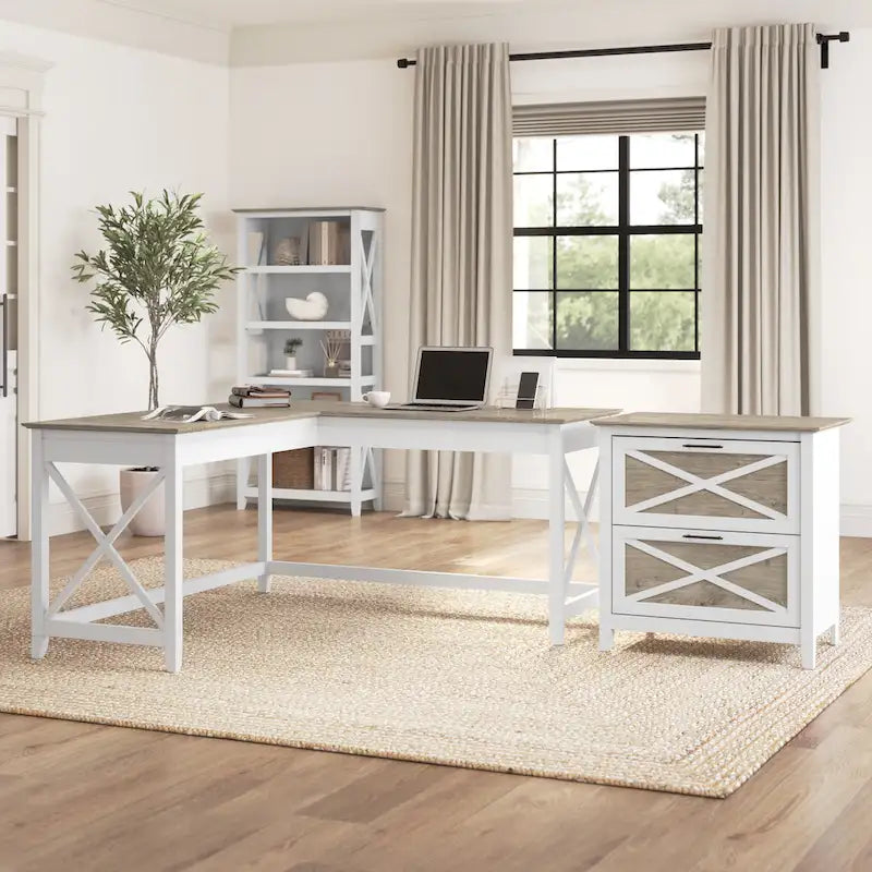 60W L-Shaped Desk with 2-Drawer File Cabinet