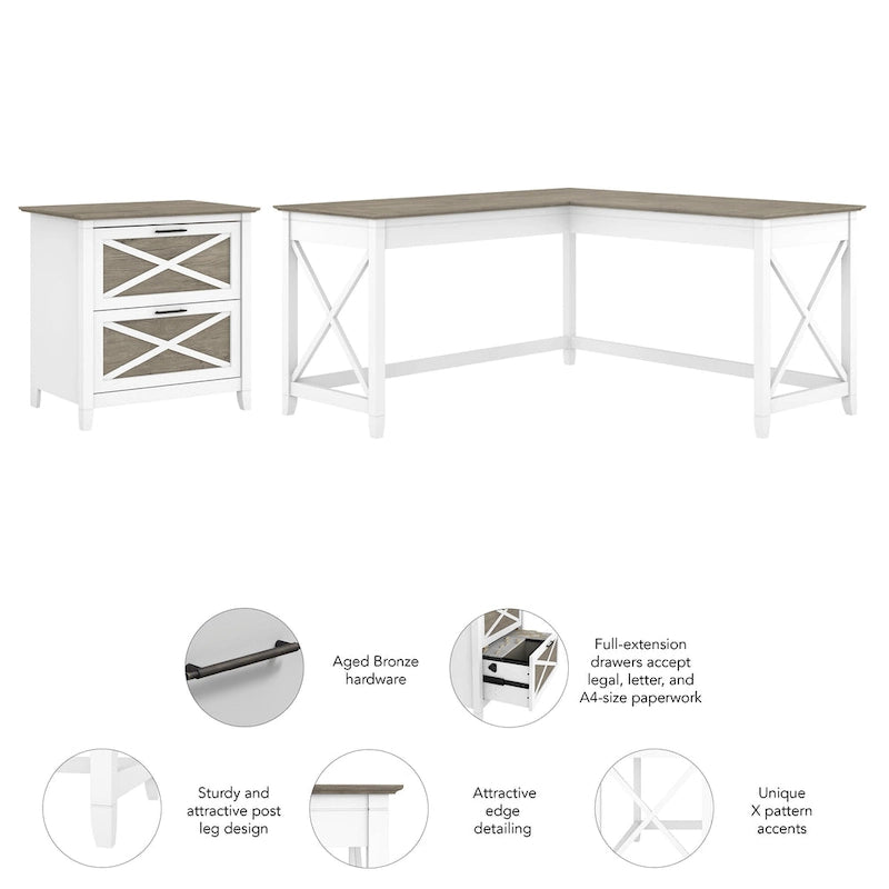 60W L-Shaped Desk with 2-Drawer File Cabinet