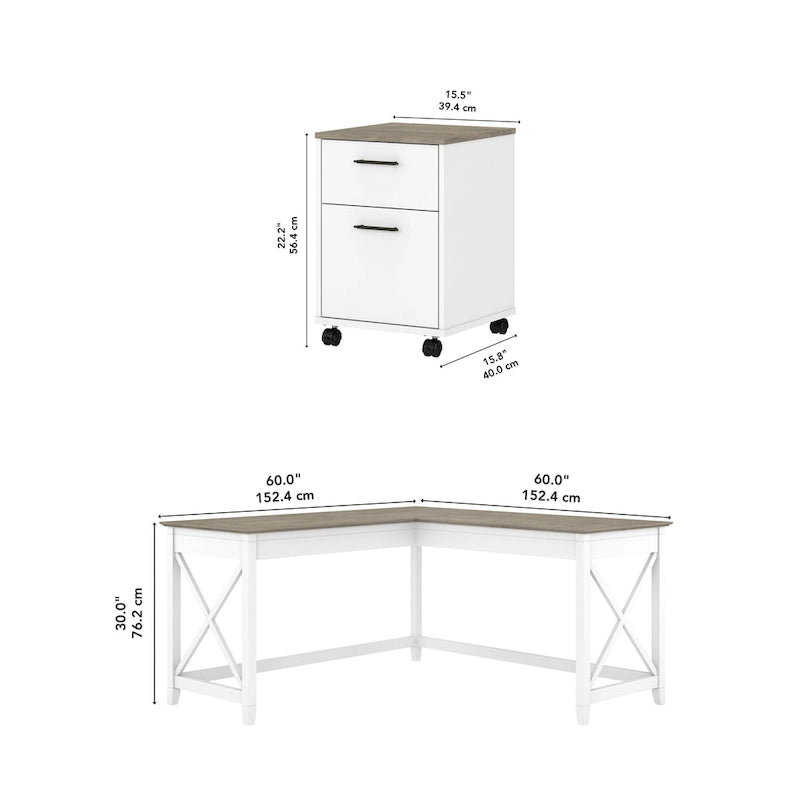 60W L-Shaped Desk with 2-Drawer File Cabinet