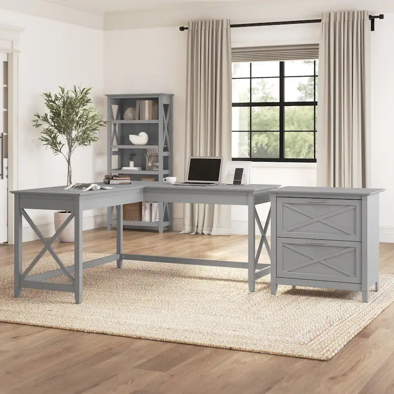 60W L-Shaped Desk with 2-Drawer File Cabinet