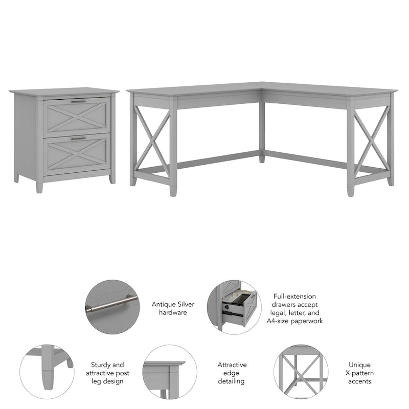 60W L-Shaped Desk with 2-Drawer File Cabinet