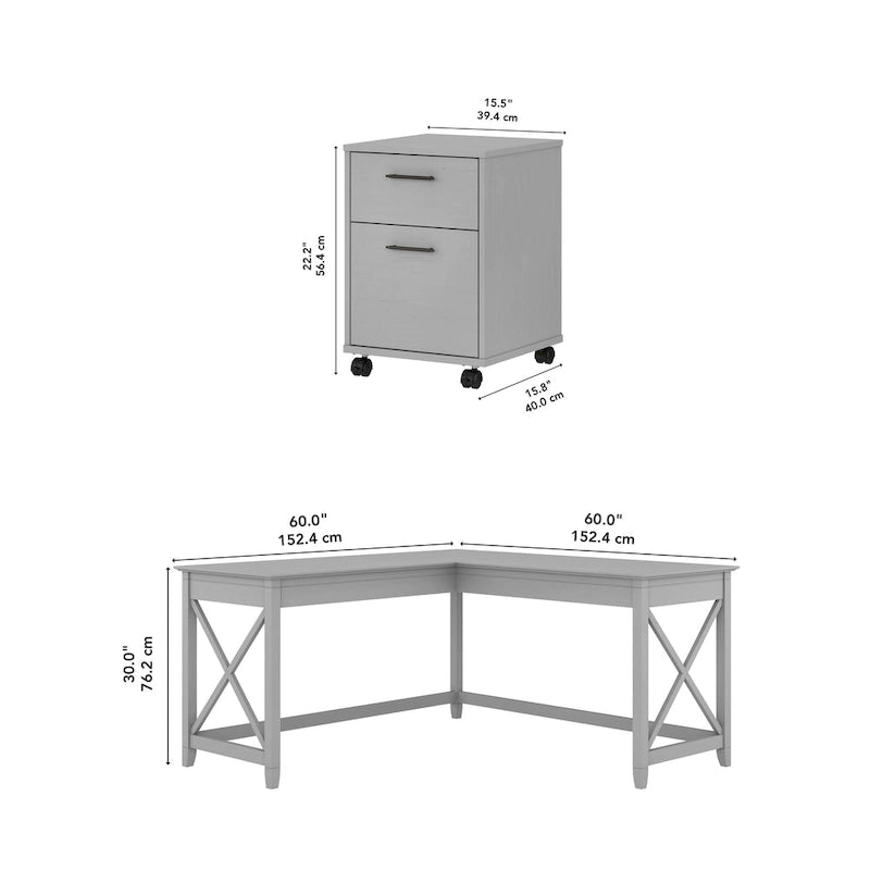 60W L-Shaped Desk with 2-Drawer File Cabinet