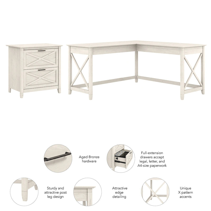 60W L-Shaped Desk with 2-Drawer File Cabinet