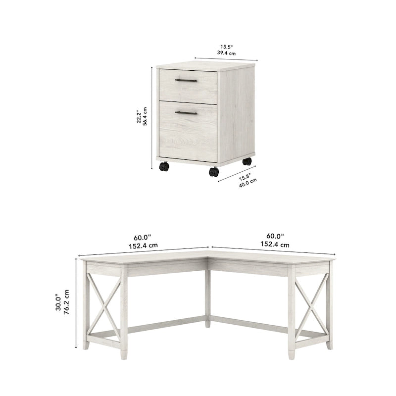 60W L-Shaped Desk with 2-Drawer File Cabinet