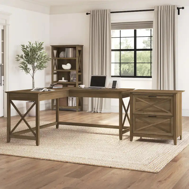 60W L-Shaped Desk with 2-Drawer File Cabinet