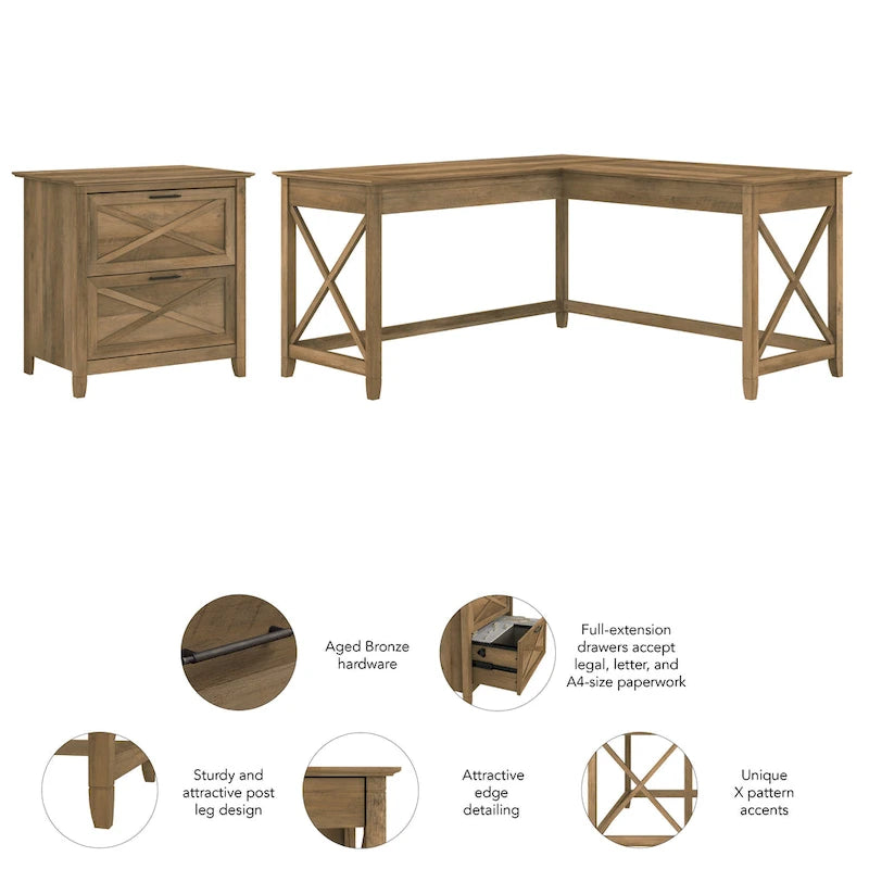 60W L-Shaped Desk with 2-Drawer File Cabinet