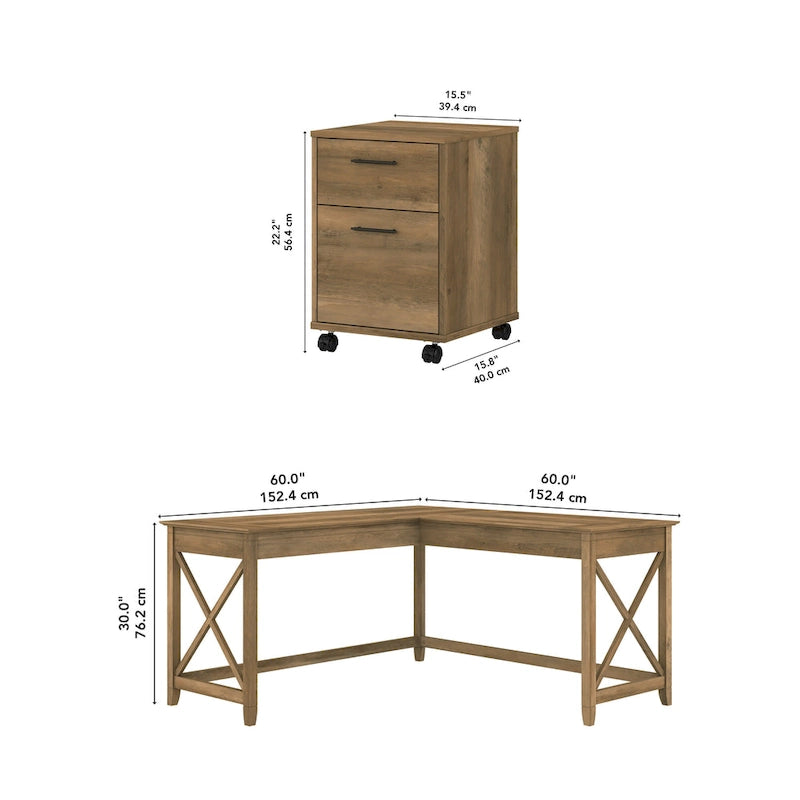 60W L-Shaped Desk with 2-Drawer File Cabinet
