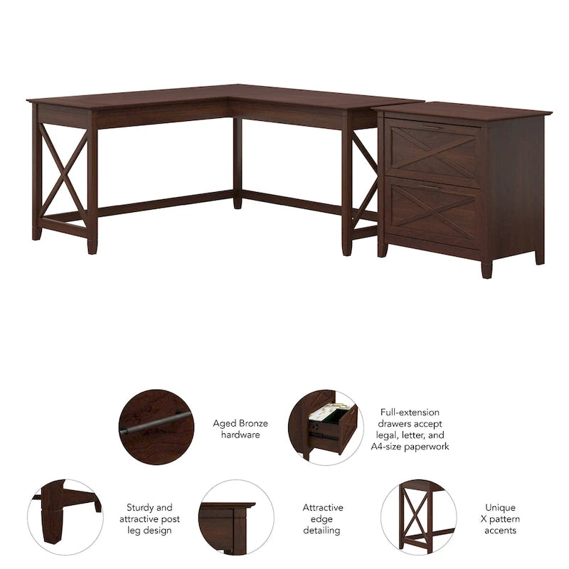 60W L-Shaped Desk with 2-Drawer File Cabinet