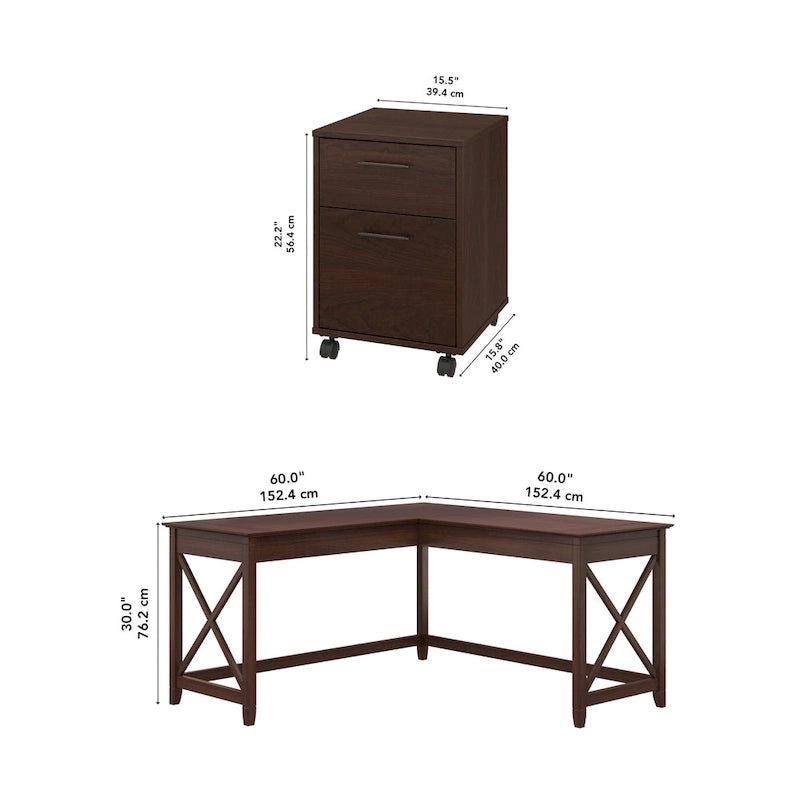 60W L-Shaped Desk with 2-Drawer File Cabinet