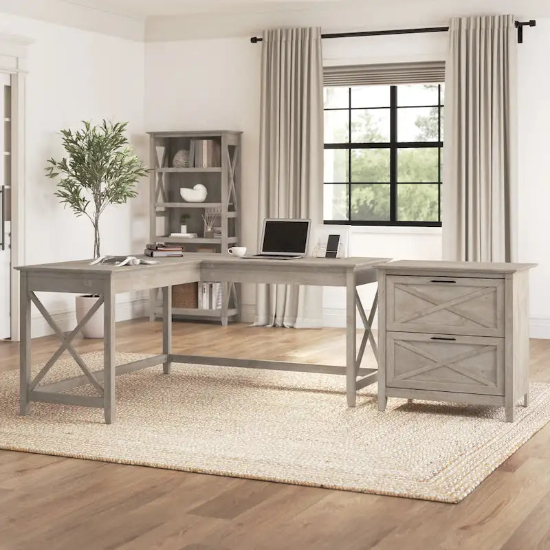 60W L-Shaped Desk with 2-Drawer File Cabinet