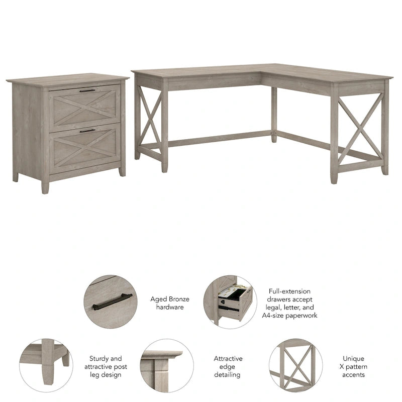 60W L-Shaped Desk with 2-Drawer File Cabinet