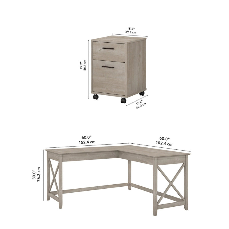 60W L-Shaped Desk with 2-Drawer File Cabinet