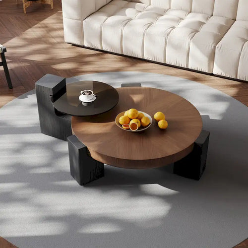 37 Modern Round Nesting Coffee Table,Mid Century Wood Coffee Table, Brown & Black Solid Wood Veneer, Set of 2