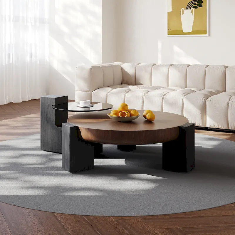 37 Modern Round Nesting Coffee Table,Mid Century Wood Coffee Table, Brown & Black Solid Wood Veneer, Set of 2