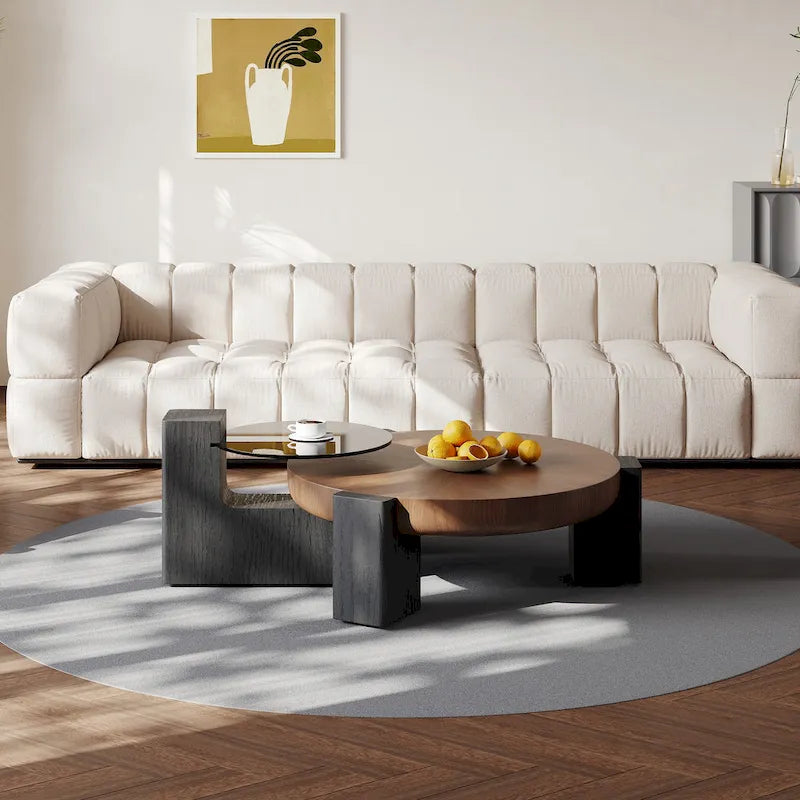 37 Modern Round Nesting Coffee Table,Mid Century Wood Coffee Table, Brown & Black Solid Wood Veneer, Set of 2