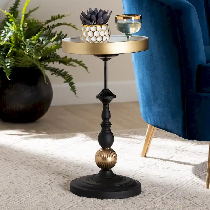 Modern Round Accent Side Table - Black & Gold Metal End Table with Tray Top