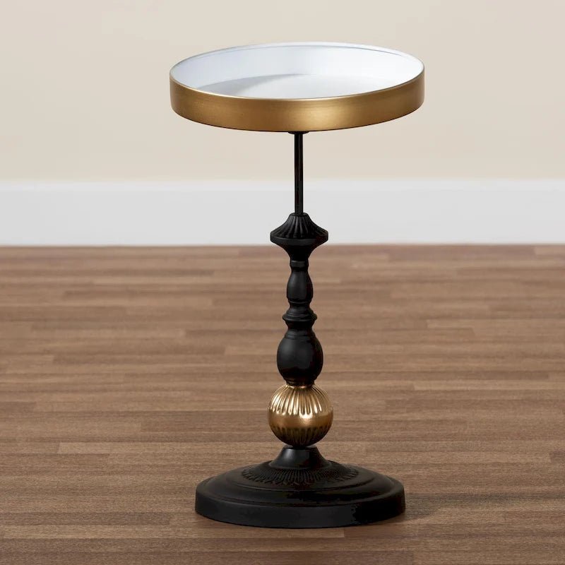 Modern Round Accent Side Table - Black & Gold Metal End Table with Tray Top