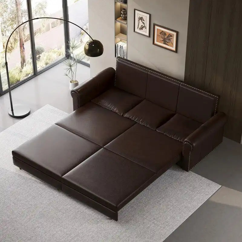 3-in-1 Chesterfield Sofa Bed, King Pull Out Sofa Bed, Velvet/Faux Leather Convertible Sleeper Sofa w/ Nailhead Trim & Rolled Arm