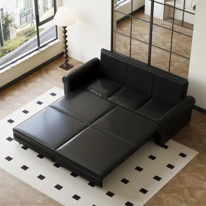 3-in-1 Chesterfield Sofa Bed, King Pull Out Sofa Bed, Velvet/Faux Leather Convertible Sleeper Sofa w/ Nailhead Trim & Rolled Arm