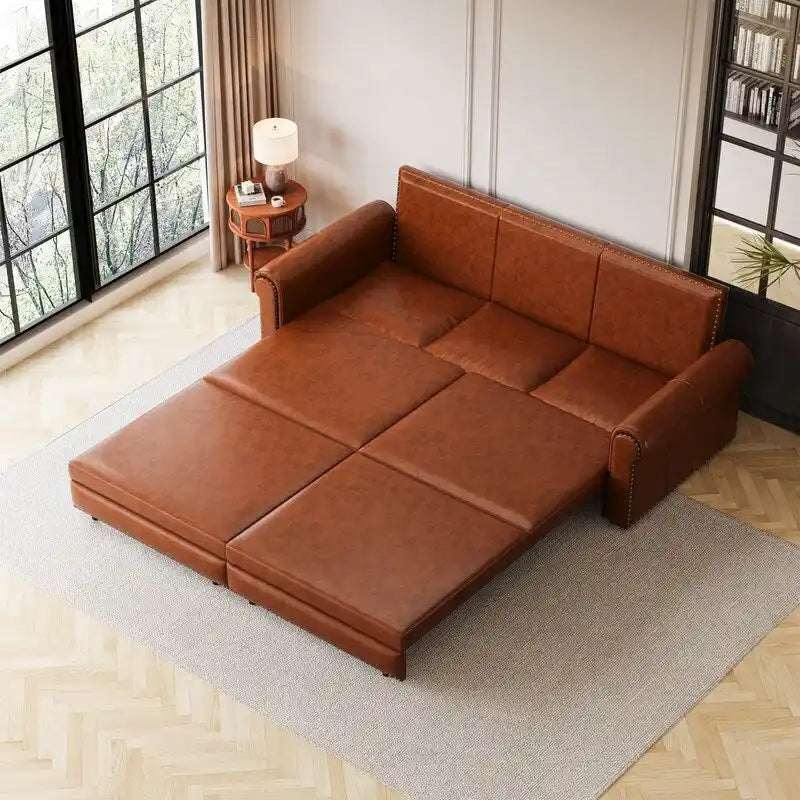 3-in-1 Chesterfield Sofa Bed, King Pull Out Sofa Bed, Velvet/Faux Leather Convertible Sleeper Sofa w/ Nailhead Trim & Rolled Arm