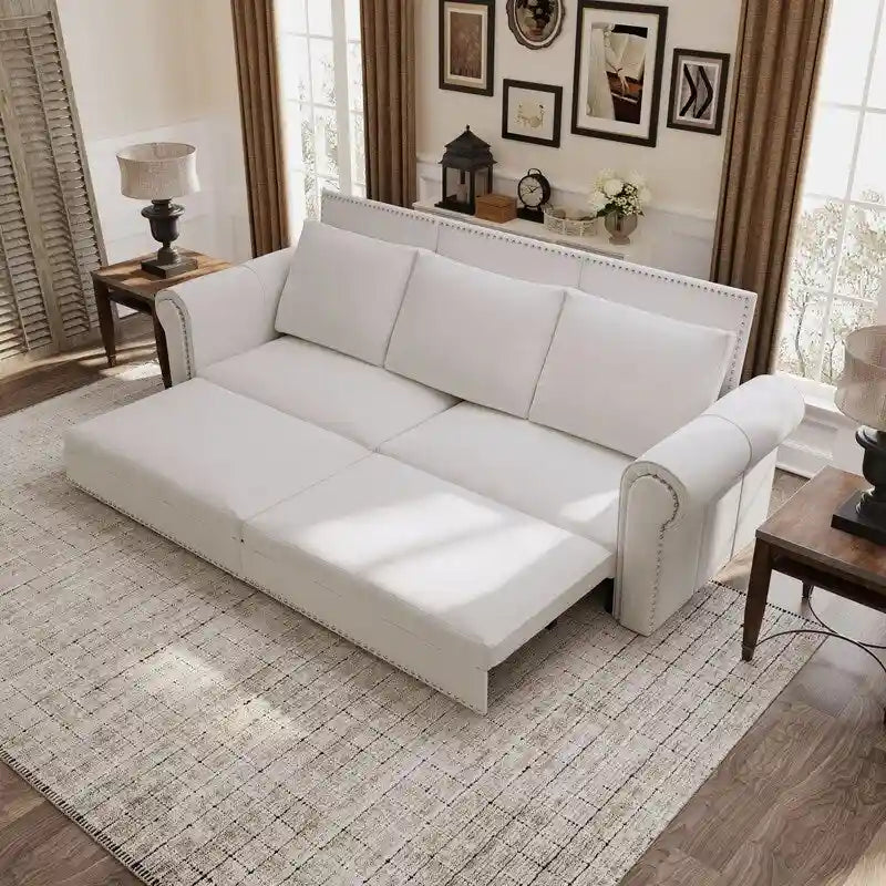 3-in-1 Chesterfield Sofa Bed, King Pull Out Sofa Bed, Velvet/Faux Leather Convertible Sleeper Sofa w/ Nailhead Trim & Rolled Arm