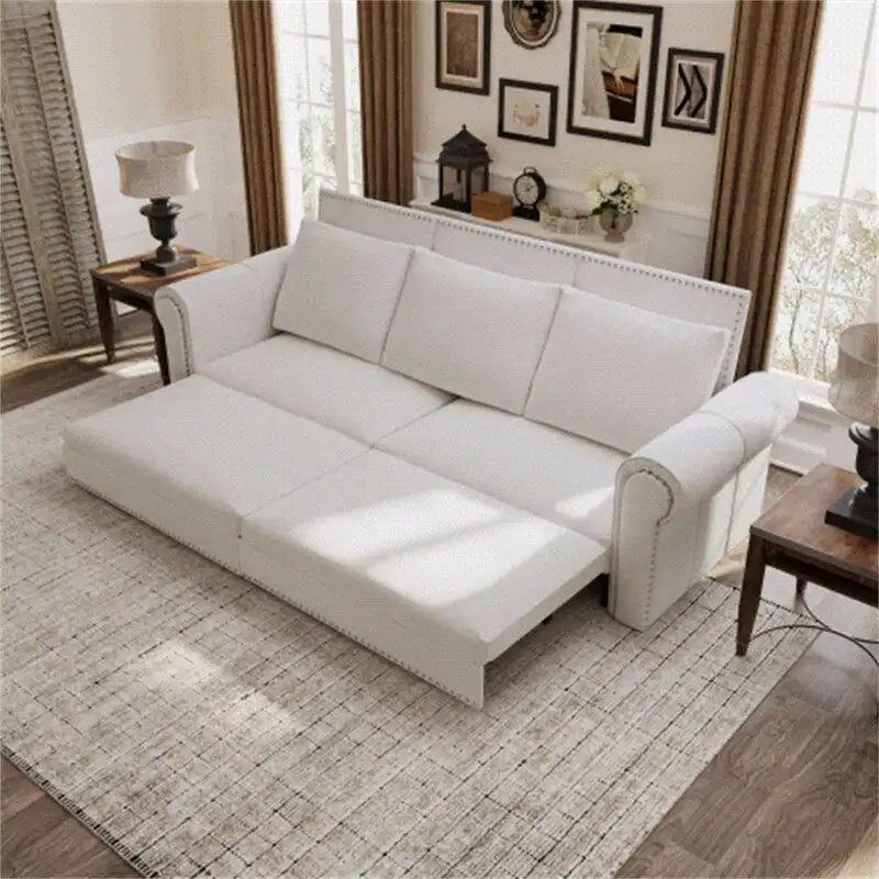 3-in-1 Chesterfield Sofa Bed, King Pull Out Sofa Bed, Velvet/Faux Leather Convertible Sleeper Sofa w/ Nailhead Trim & Rolled Arm