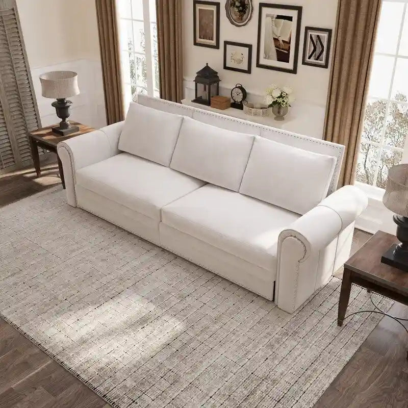 3-in-1 Chesterfield Sofa Bed, King Pull Out Sofa Bed, Velvet/Faux Leather Convertible Sleeper Sofa w/ Nailhead Trim & Rolled Arm