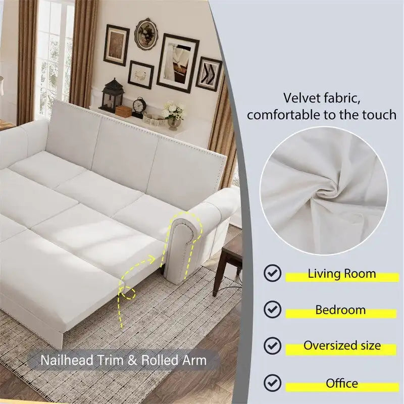 3-in-1 Chesterfield Sofa Bed, King Pull Out Sofa Bed, Velvet/Faux Leather Convertible Sleeper Sofa w/ Nailhead Trim & Rolled Arm