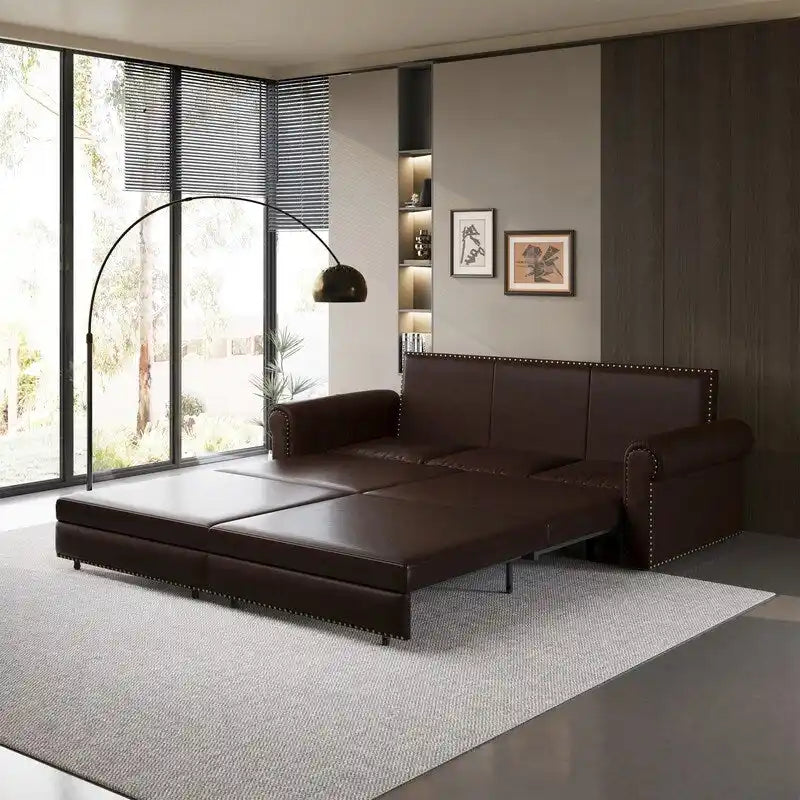 3-in-1 Chesterfield Sofa Bed, King Pull Out Sofa Bed, Velvet/Faux Leather Convertible Sleeper Sofa w/ Nailhead Trim & Rolled Arm