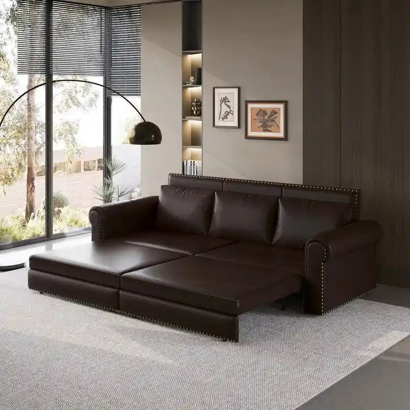 3-in-1 Chesterfield Sofa Bed, King Pull Out Sofa Bed, Velvet/Faux Leather Convertible Sleeper Sofa w/ Nailhead Trim & Rolled Arm