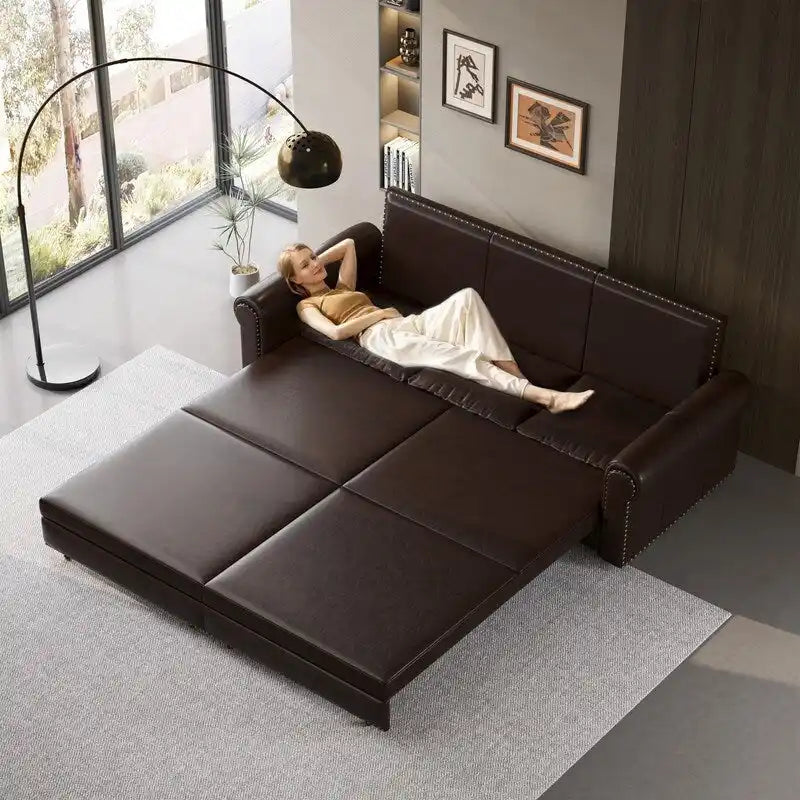 3-in-1 Chesterfield Sofa Bed, King Pull Out Sofa Bed, Velvet/Faux Leather Convertible Sleeper Sofa w/ Nailhead Trim & Rolled Arm