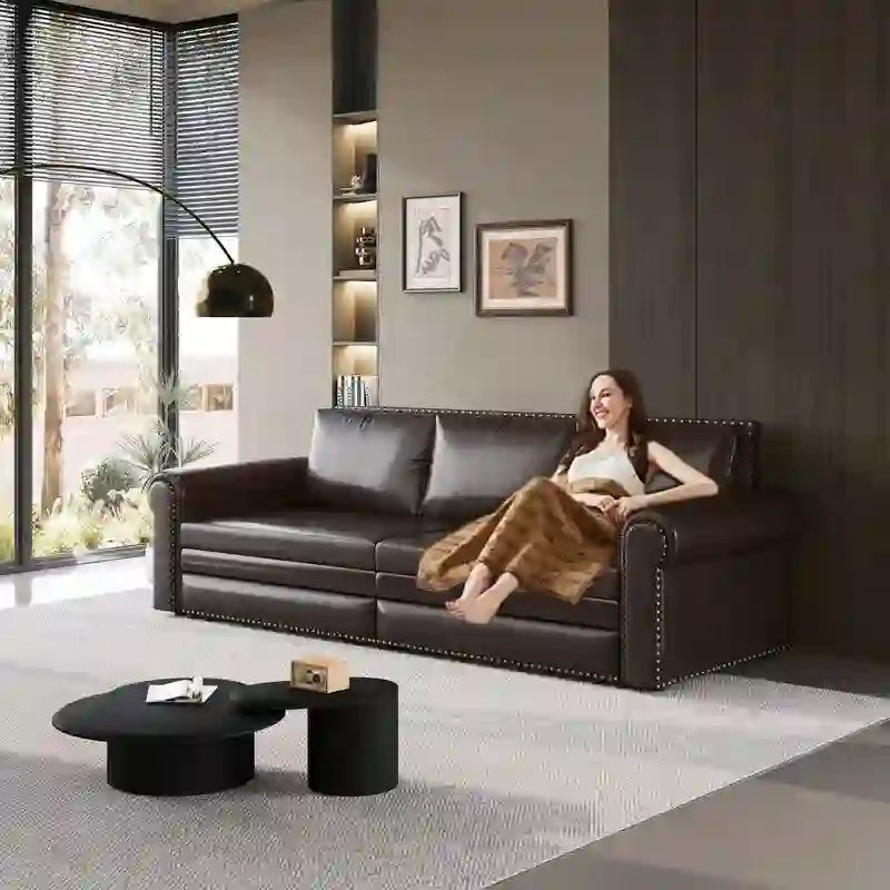 3-in-1 Chesterfield Sofa Bed, King Pull Out Sofa Bed, Velvet/Faux Leather Convertible Sleeper Sofa w/ Nailhead Trim & Rolled Arm