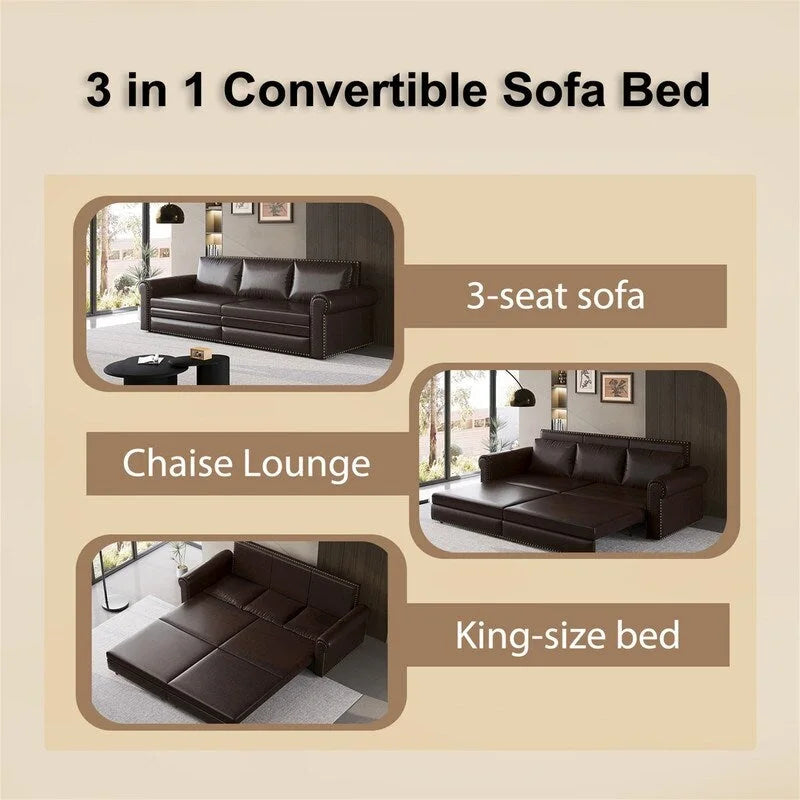 3-in-1 Chesterfield Sofa Bed, King Pull Out Sofa Bed, Velvet/Faux Leather Convertible Sleeper Sofa w/ Nailhead Trim & Rolled Arm