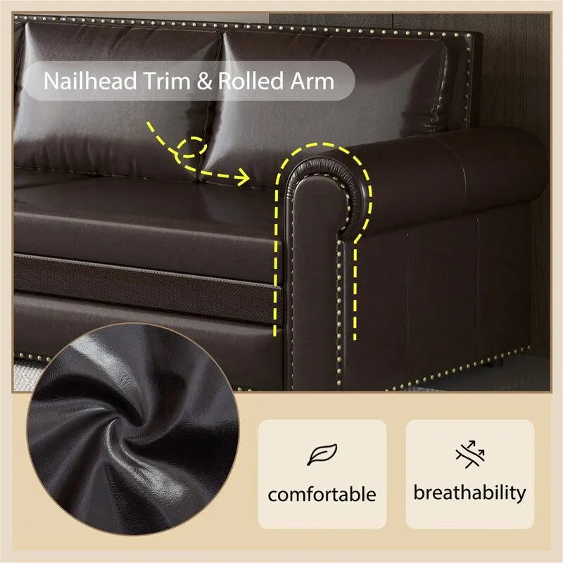 3-in-1 Chesterfield Sofa Bed, King Pull Out Sofa Bed, Velvet/Faux Leather Convertible Sleeper Sofa w/ Nailhead Trim & Rolled Arm