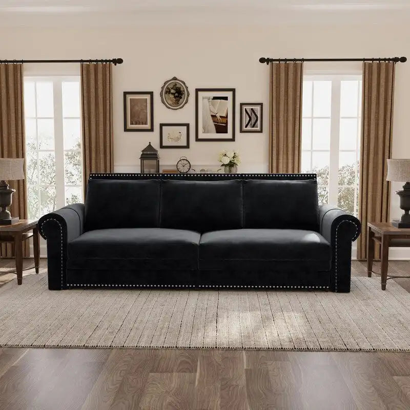 3-in-1 Chesterfield Sofa Bed, King Pull Out Sofa Bed, Velvet/Faux Leather Convertible Sleeper Sofa w/ Nailhead Trim & Rolled Arm