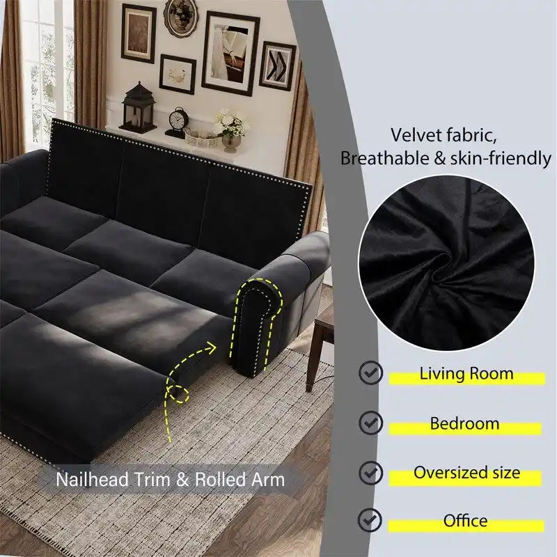 3-in-1 Chesterfield Sofa Bed, King Pull Out Sofa Bed, Velvet/Faux Leather Convertible Sleeper Sofa w/ Nailhead Trim & Rolled Arm