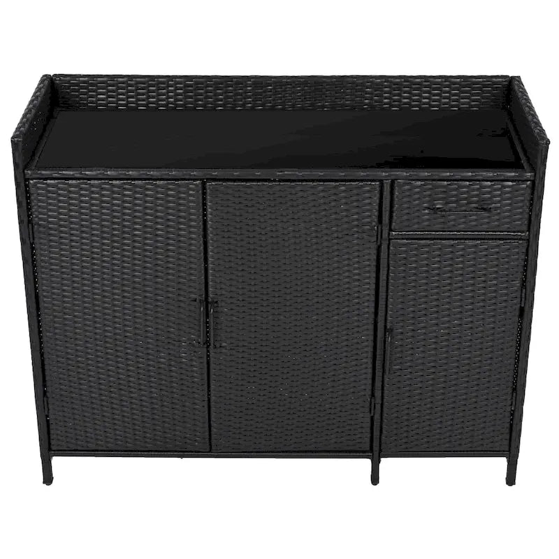 Wicker Outdoor Storage Cabinet Weather-proof Kitchen Island Rattan Bar Table with Tempered Glass Desktop and Drawer Pool Toys