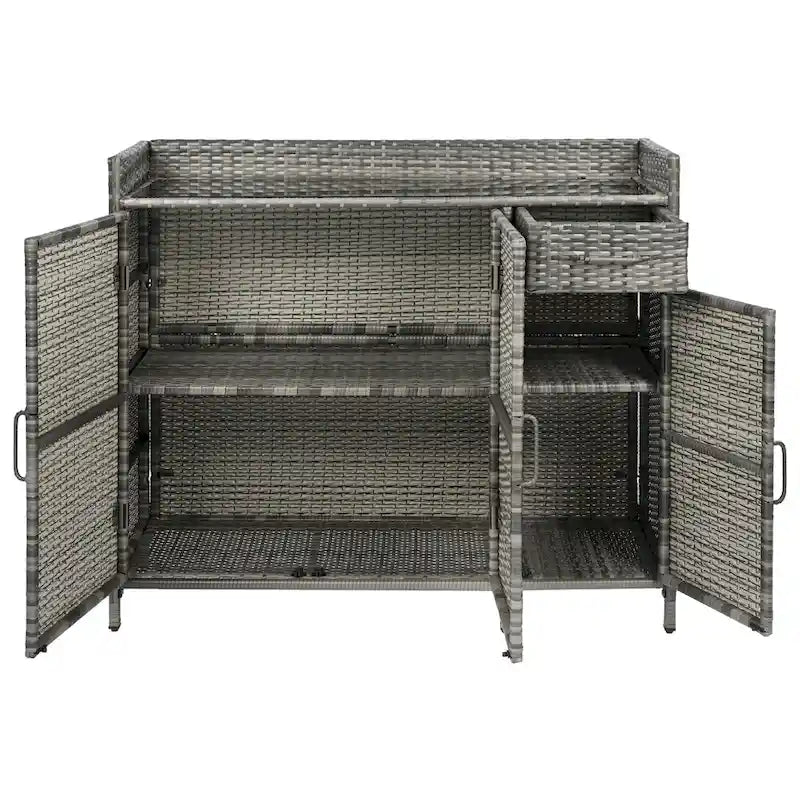 Wicker Outdoor Storage Cabinet Weather-proof Kitchen Island Rattan Bar Table with Tempered Glass Desktop and Drawer Pool Toys