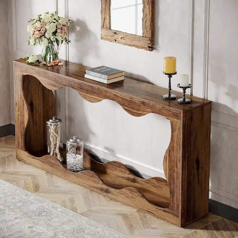 63-Inch Wood Console Table, Rectangular Entryway Table for Living Room, Rustic Brown