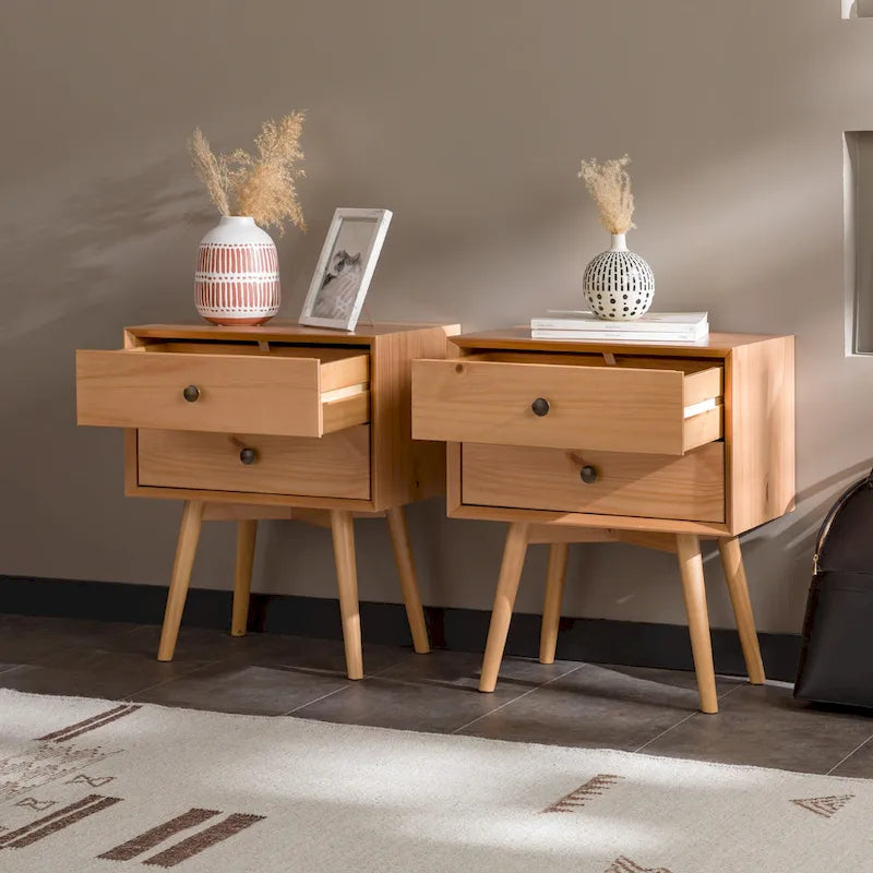 Mid-Century Solid Wood 2-Drawer Nightstands (Pair)
