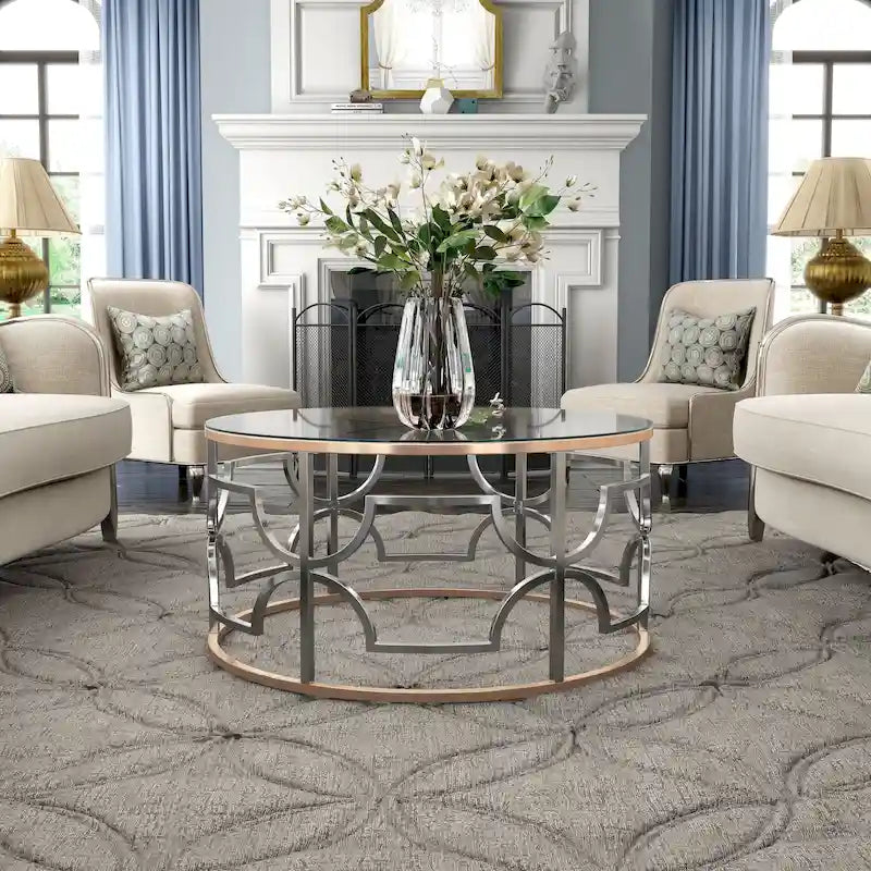 Modern Style Chrome and Gold Round Open Coffee Table